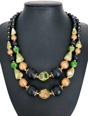 Vintage Double Strand Plastic Acrylic Beads Necklace Black Green Gold Beaded 20"